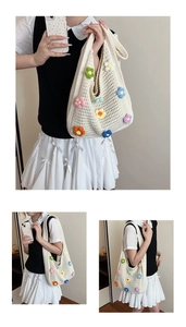 Close-up detail of beige handmade crochet tote bag featuring colorful 3D flower patterns