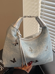 Damen Denim PU Leder Achseltasche Metall Schmetterling Dekor Y2K Mode Schultertasche Casual Hobo Umhängetasche Täglich Handtasche