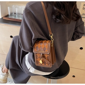 Detail of a brown checkered mini crossbody bag with gold hardware on a model
