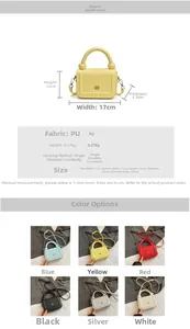 Detailed size chart and multi-color specifications for PU chain crossbody bags