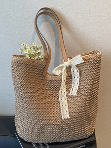 Woven Straw Tote Bag Large Capacity Shoulder Beach Bag For Women With Lace Bow Decoration Summer Holiday Travel Handbag