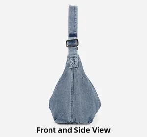 Détail d'un sac hobo en jean avec bandoulière réglable et coutures de haute qualité