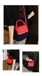 Multiple views showing the red chain hobo bag with top handle and golden ball hardware