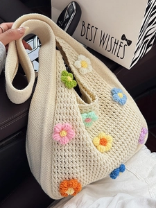 Handmade Crochet Flower Tote Bag Women Knitting Shoulder Bag Hollow Out Floral Handbag Fresh Fashion Casual Shopping Bag