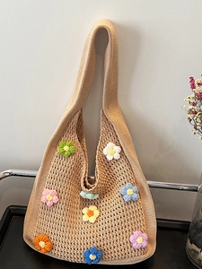 Handmade crochet shoulder tote bag in beige with colorful 3D floral pattern details