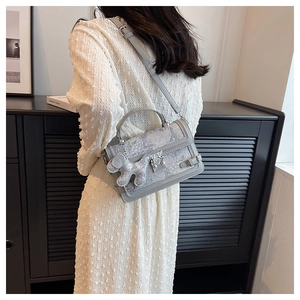 Retro embroidered shoulder bag with Toile de Jouy pattern and cute dog bag charm