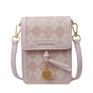Pink and white checkered mini crossbody phone bag with gold MIKAXIQI logo hardware