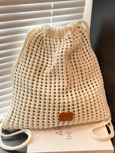 Women Fashion Knitted Drawstring Backpack Hollow Mesh Woven Tote Bag Lightweight Shoulder Bag For Daily Beach Travel Casual Use