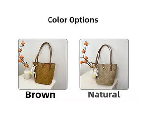 Detail view of woven straw tote bags in brown and natural colors with leather straps