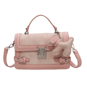 Pink embroidery shoulder bag with silver metallic clasp and cute dog charm pendant