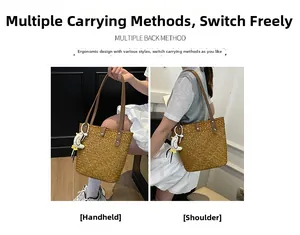 Detail view of woven straw tote bag showing versatile handheld and shoulder carrying styles