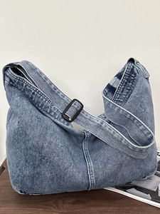 Grand sac bandoulière en denim style japonais bleu clair avec sangle ajustable