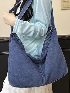 Grand sac hobo en jean bleu foncé délavé style vintage pour hommes et femmes