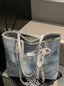 Fashion Large Capacity Denim Tote Bag For Women With Artificial Pearl Lace Bow Pendant Sparkling Starry Shoulder Bag Urban Daily Commute
