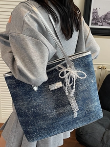 Blue denim tote bag with silver star sequins, lace bow and pearl pendant accessories