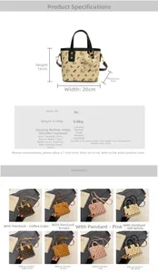 Detail showing printed PU leather tote bag with bear pattern and metal hardware buckles