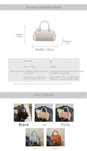 Detailed size parameters and five color options for this PU leather boston bag
