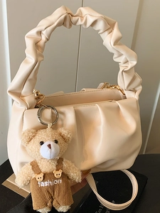 Fashion Women Pleated Cloud Bag PU Leather Shoulder Crossbody Bag With Bear Pendant Ruched Handle Trendy Dumpling Handbag