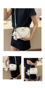 Detailed views of beige quilted chain handbag worn as shoulder, crossbody and tote bag