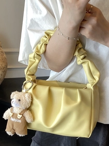 Yellow pleated cloud bag with a cute bear charm, elegant women's crossbody handbag