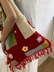 Bohemian crochet tote bag with colorful knit flowers and red fringe tassels for women
