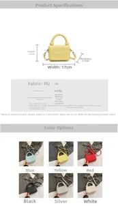 Detailed size chart and multi-color selection for mini lychee grain PU crossbody bag