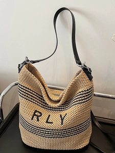 Grand Sac Cabas en Paille Tissé pour Femmes Sac à Bandoulière Décontracté de Plage d'Été Design Minimaliste Rayé Broderie