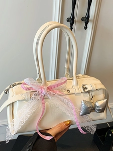 Sac Boston Doux en Cuir PU pour Femmes Avec Nœud Et Détail en Dentelle Sac à Bandoulière Y2K Balletcore Sac à Main de Trajet