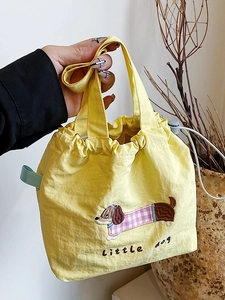 Borsa a Secchiello in Tela alla Moda Con Simpatico Ricamo a Cartoni Animati Chiusura a Coulisse Grande Capacità Donna Casual