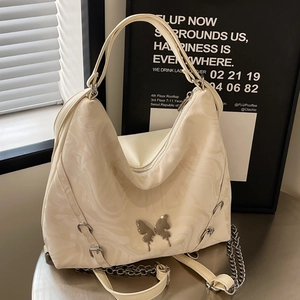 Women Large Capacity PU Leather Tote Bag Fashion Marble Print Butterfly Decor Shoulder Bag Versatile Commuter Travel Bag