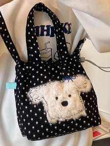 Borsa a secchiello in velluto a pois con simpatico cane di peluche e fiocco blu