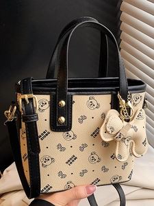 Women Retro PU Leather Bucket Bag Cartoon Bear Print Large Capacity Shoulder Bag With Cute Charm Minimalist Crossbody Handbag