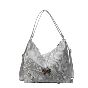 Versatile silver grey marble print bag with butterfly metal ornament for women