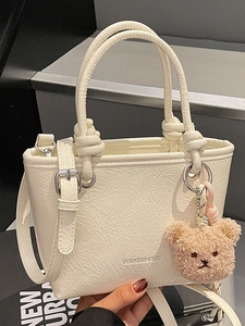 Women Korean Fashion Lychee Texture Tote Bag Small Handbag With Plush Bear Charm Shoulder Crossbody Commuting Bag