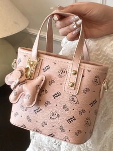 Pink fashion basket bag with cute bear prints and a golden handle charm