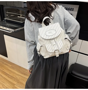 Vue détaillée du sac à dos en toile à rayures bleues, poche avant et logo de marque nika
