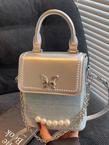 Women Mini Crossbody Bag PU Leather Denim Handbag Butterfly Artificial Pearl Chain Phone Bag Small Square Tote Fashion Daily