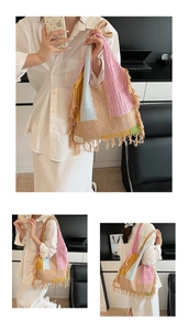 Detail of colorful knitted tote bag featuring bohemian tassels and multi-color patchwork