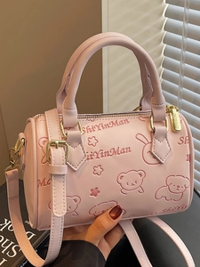 Fashion Women PU Leather Boston Shoulder Bag Cartoon Embossed Animal Pattern Barrel Crossbody Handbag With Double Handles