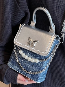 Mini crossbody phone bag in silver leather and blue denim with metal butterfly and pearls