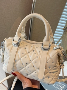 Women Fashion PU Leather Quilted Rhombic Handbag Sparkling Rhinestone Boston Bag Small Shoulder Crossbody Satchel For Lady