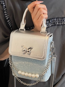 Silver and light blue sequin crossbody phone bag with metal butterfly and pearl chain