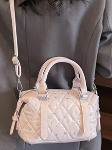 Pink quilted crossbody Boston bag with sparkling rhinestones and silver hardware