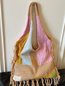 Bohemian Knit Patchwork Tote Bag For Women Colorful Tassel Fringe Large Capacity Hobo Shoulder Bag Handmade Style Casual