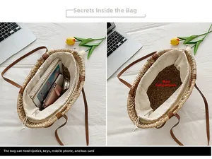 Detail view of woven straw tote with leather handles and secure drawstring inner lining
