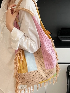 Bohemian knit tote bag with colorful tassels and rope shoulder straps for women