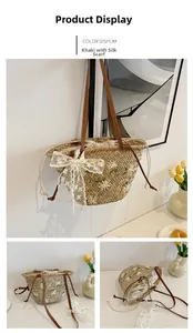 Detail of straw tote bag with daisy embroidery, lace scarf and brown leather handles