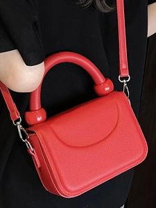 Fashionable red litchi texture handbag with beaded handle and detachable shoulder strap