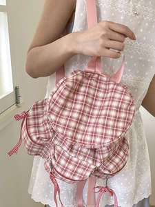 Sac à dos à carreaux rouges pour femmes avec cordon de serrage et rubans