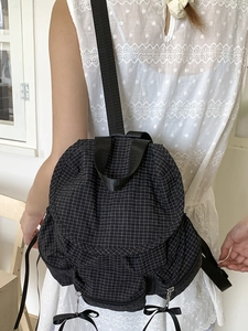 Sac à dos coréen à carreaux noirs avec cordon de serrage et nœud pour étudiantes